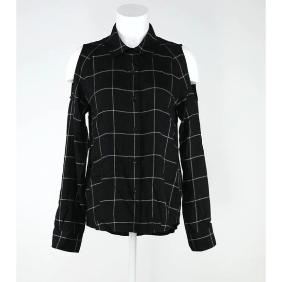 REVOLVE Generation Love Black/White Plaid Cold Shoulder Top Roll Tab Sleeve  S - Picture 3 of 4